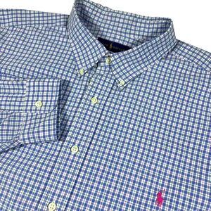 Ralph Lauren Men 3XB Blue‎ & White Checkered Plaid Long Sleeve Button Down Shirt